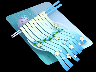 Blue Noodles With Star And Rabbit Decorations And Chopsticks On Plate 3d model