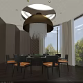 Luxurious Private Dining Room With Round Table Black Chairs Orange Cushions And Crystal Chandelier