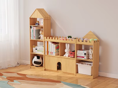 Wooden Kids Bookshelf with House and Castle Shaped Design for Books Toys Storage 3d model