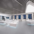 Modern Corporate Exhibition Hall With White Walls Black Marble Floor And Display Shelves