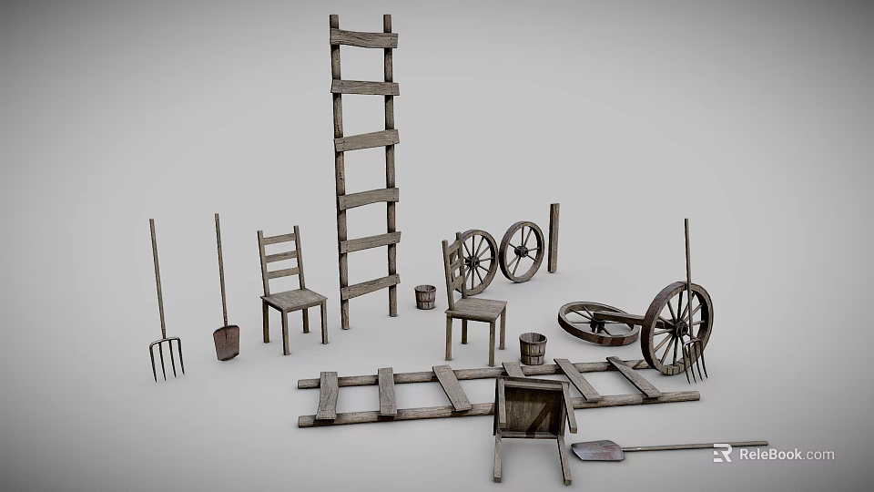 Rustic Wooden Farm Tools Collection Featuring Ladder Chairs Wheels Fork Shovel Planks And Bucket 3d model 