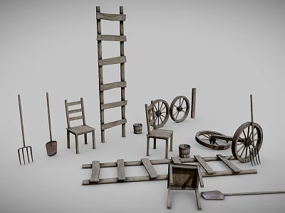 Rustic Wooden Farm Tools Collection Featuring Ladder Chairs Wheels Fork Shovel Planks And Bucket 3d model