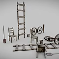 Rustic Wooden Farm Tools Collection Featuring Ladder Chairs Wheels Fork Shovel Planks And Bucket