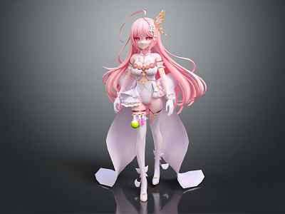 3D Model Pink Long Haired Character Standing In White Flowy Dress With Decorative Headpiece 3d model
