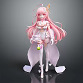 3D Model Pink Long Haired Character Standing In White Flowy Dress With Decorative Headpiece