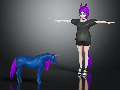 Character With Purple Horn In Black T Shirt And Blue Unicorn With Purple Mane Tail 3d model