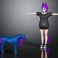 Character With Purple Horn In Black T Shirt And Blue Unicorn With Purple Mane Tail