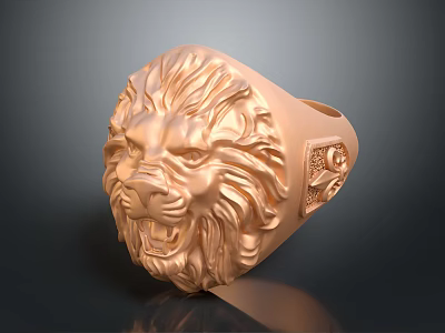 Exquisite Lion Head Design Ring With Golden Intricate Carving And Decorative Side 3d model