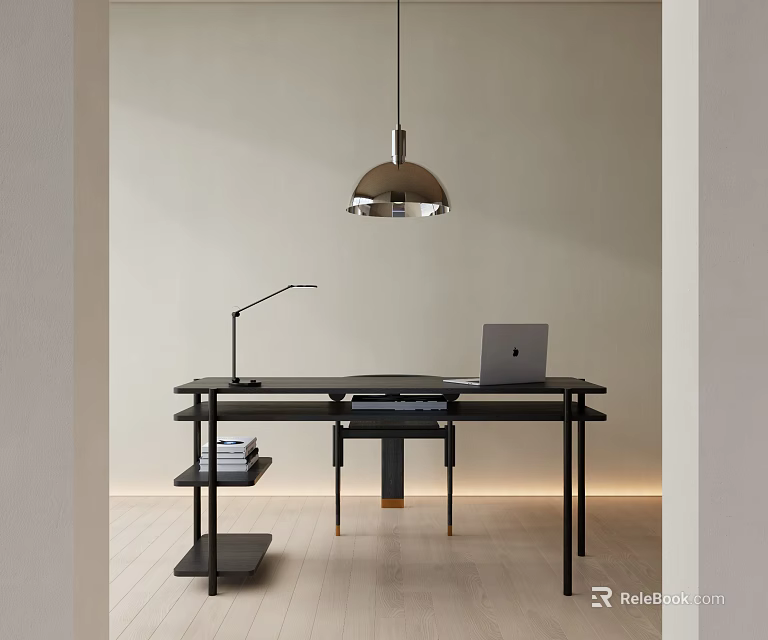 Modern Minimalist Desk With Laptop Desk Lamp Books On Shelf And Pendant Light 3d model 