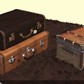 Vintage Brown Leather And Wooden Suitcases With Brass Hardware On Dark Carpet
