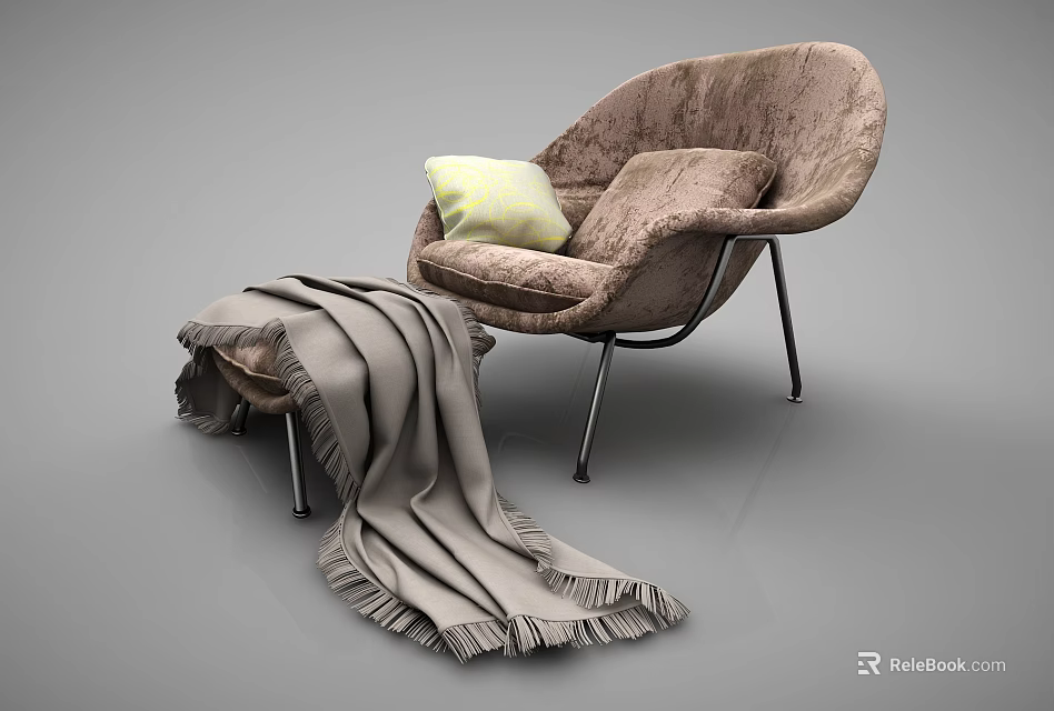 Modern Single Sofa with Yellow Cushion Gray Fringed Blanket Metal Legs and Ottoman 3d model 