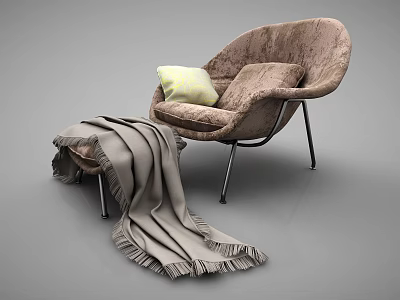 Modern Single Sofa with Yellow Cushion Gray Fringed Blanket Metal Legs and Ottoman 3d model