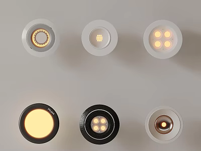 Stylish Downlights and Spotlights with White Black Frames and Various Bulb Designs 3d model
