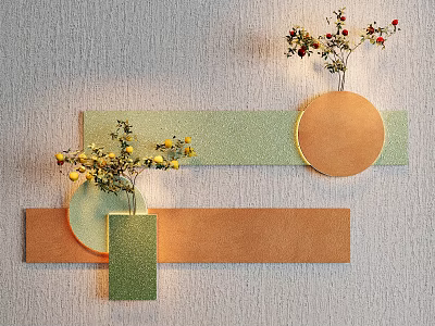 Modern Wall Decorations with Green Orange Panels Vases and Yellow Red Flowers 3d model