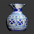 Blue and White Vase with Colorful Floral Geometric Patterns Irregular Rim on Black Background Reflection