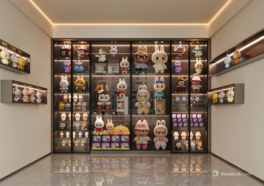 Illuminated Glass Display Cabinet With Rabbit Shaped Collectible Figures And Organized Shelves 3d model 