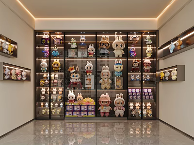 Illuminated Glass Display Cabinet With Rabbit Shaped Collectible Figures And Organized Shelves 3d model