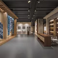 Modern Exhibition Hall Interior With Wooden Decor Blue White Patterned Walls Display Shelves And Chairs