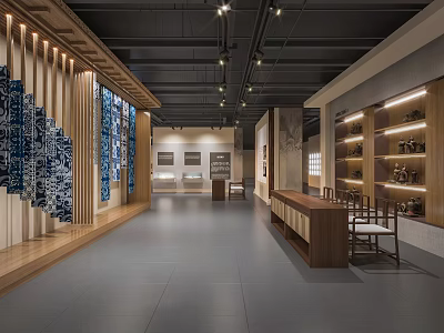 Modern Exhibition Hall Interior With Wooden Decor Blue White Patterned Walls Display Shelves And Chairs 3d model