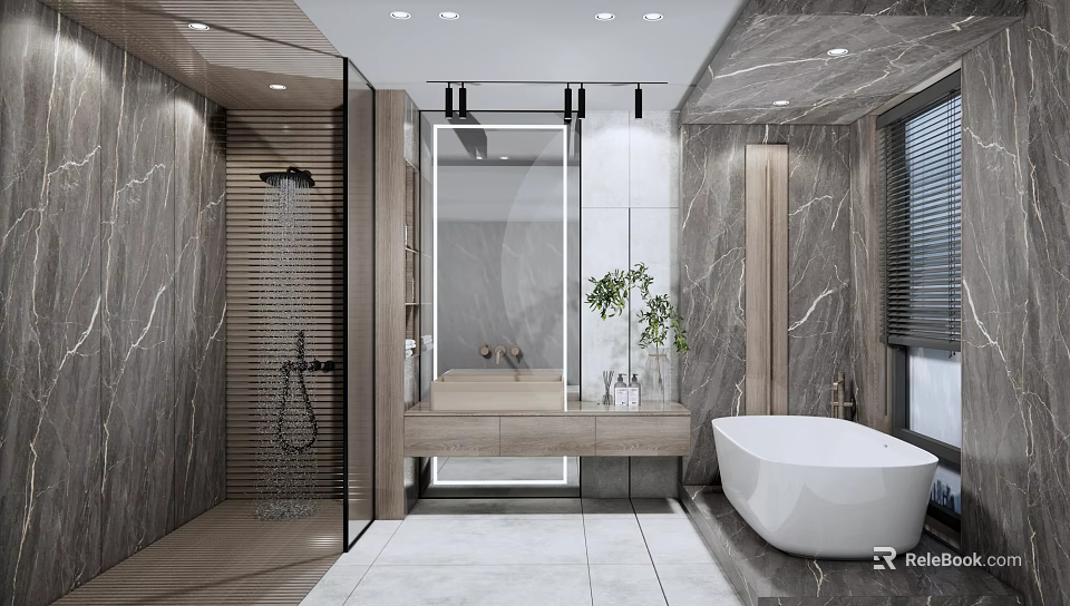 Modern Bathroom Interior With Marble Walls Glass Shower Bathtub And Green Plant 3d model 