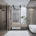 Modern Bathroom Interior With Marble Walls Glass Shower Bathtub And Green Plant