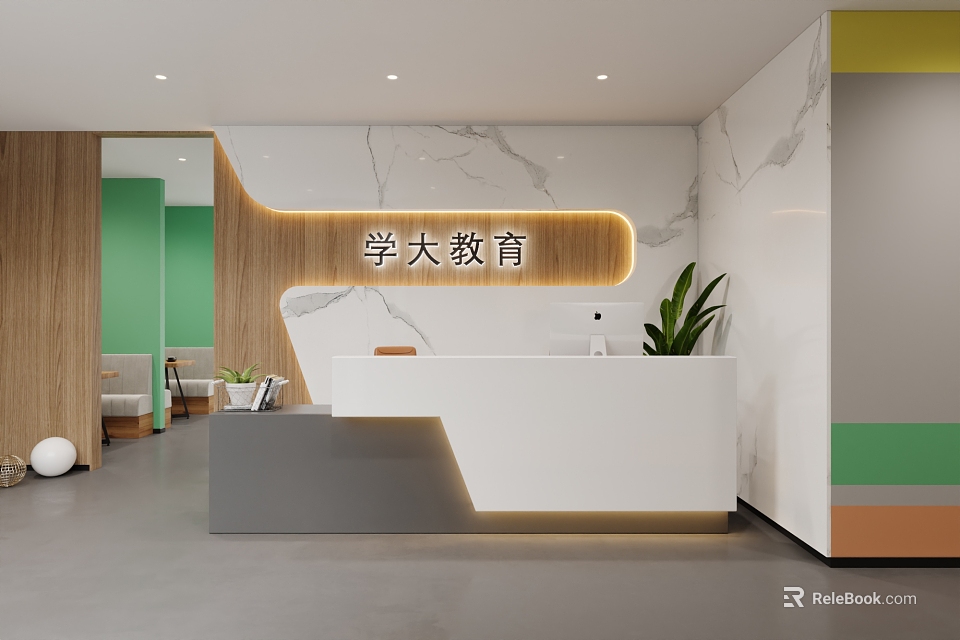 Modern Educational Reception Interior with White Desk Marble Wall Wooden Elements and Green Plant 3d model 