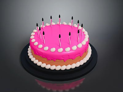 Delicious Pink Frosted Cake With White Decorative Balls And Black Candles On Black Tray 3d model