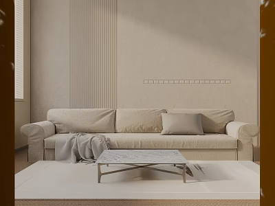 Cozy Three Seater Sofa With Soft Pillows And Coffee Table In Modern Living Room 3d model