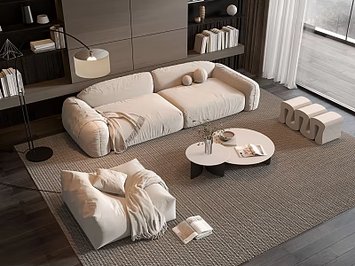 Modern Beige Sofa and Round Coffee Table Set with Rug Floor Lamp and Bookshelf 3d model