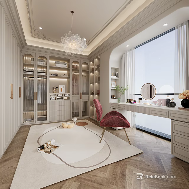 Elegant Walk in Closet Interior with Dressing Table Chandelier and Large Window 3d model