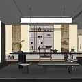 Traditional Chinese Tea Room Interior With Wooden Shelves Tea Sets And Decorative Paintings