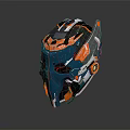 Futuristic Mechanical Helmet Blue Orange And White With Geometric Patterns And Circular Accents