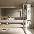 Modern Bathroom Interior With Backlit Mirror Double Vanity And Glass Shower Partition