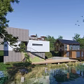 Modern Waterfront Vacation Rental House with Grassland Trees Open Terrace and Multiple Structures