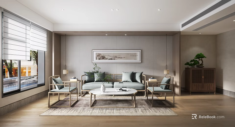 Modern Office Interior Design With Open Layout Desk Sofa And Green Plants 3d model