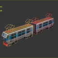 Blue Model Train With Two Carriages And Red Pantographs On Reflective Surface