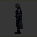 Hooded Warrior Character in Black Armor with Blue Glowing Accents 3D Render