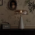 Elegant White Conical Table Lamp with Transparent Shade Vintage Radio and Floral Wallpaper