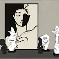 Abstract Painting Featuring Female Profile With Minimalist Lines And Black White Abstract Sculptures