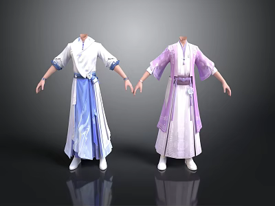 Woman In Traditional Blue And White And Purple Long Robes With Sashes 3d model