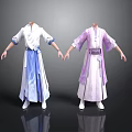 Woman In Traditional Blue And White And Purple Long Robes With Sashes