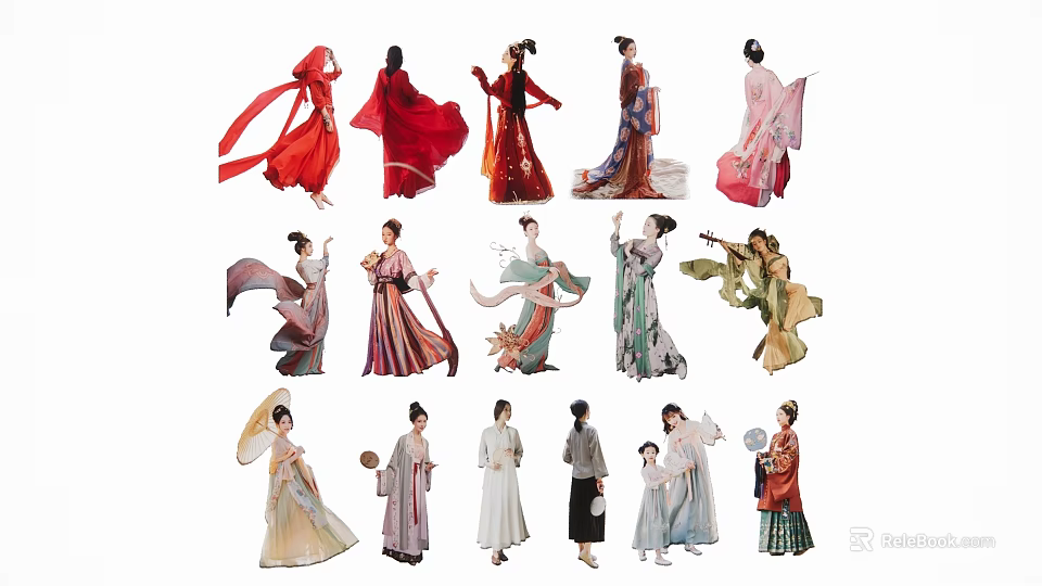 Multiple People In Traditional Chinese Costumes With Various Styles And Hairstyles 3d model 