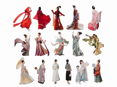 Multiple People In Traditional Chinese Costumes With Various Styles And Hairstyles 3d model