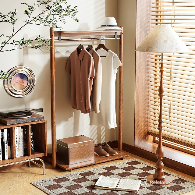 Wooden Clothing Rack With Hanging Shirts Wooden Trunk Shoes And Floor Lamp By Window Blinds 3d model 