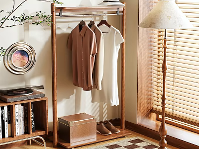 Wooden Clothing Rack With Hanging Shirts Wooden Trunk Shoes And Floor Lamp By Window Blinds 3d model