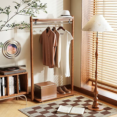 Wooden Clothing Rack With Hanging Shirts Wooden Trunk Shoes And Floor Lamp By Window Blinds 3d model