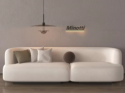 Minotti Style White Double Sofa with White Brown Cushions Pendant Light and Wooden Floor 3d model