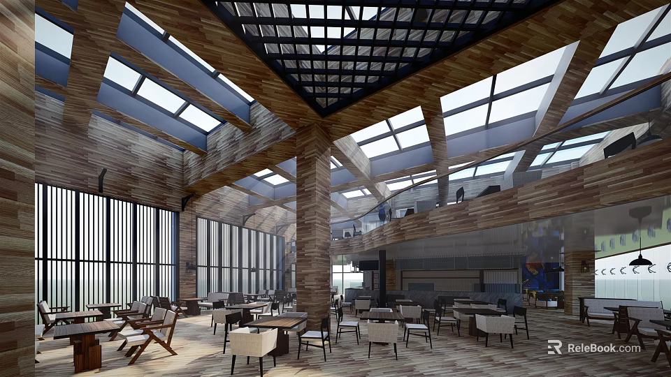 Spacious Restaurant Interior With High Ceiling Skylights Wooden Structure And Large Windows 3d model 