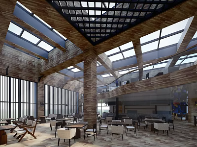 Spacious Restaurant Interior With High Ceiling Skylights Wooden Structure And Large Windows 3d model