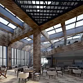 Spacious Restaurant Interior With High Ceiling Skylights Wooden Structure And Large Windows